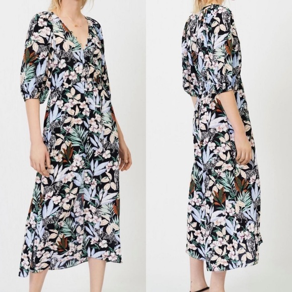 Maje Dresses & Skirts - Maje Smocked Button Front Black Jungle Printed Viscose A-line Midi Dress SIZE S